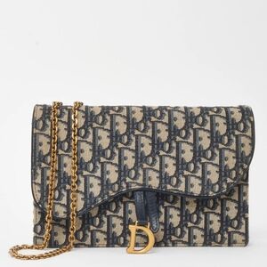 Dior Navy and Beige Monogram Canvas Crossbody with Gold Chain, Clutch
